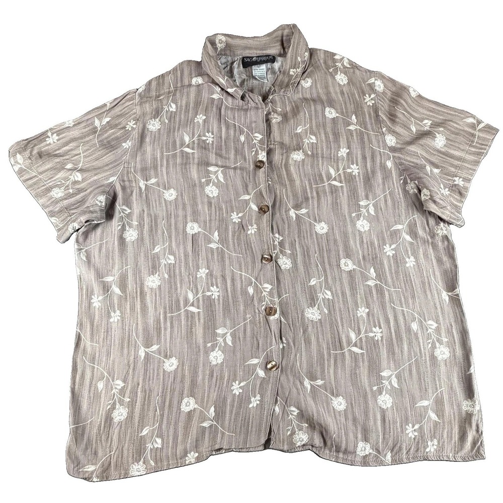 Sag Harbor Blouse Womens 1X Brown Floral Rayon Short Sleeve Button Up Casual